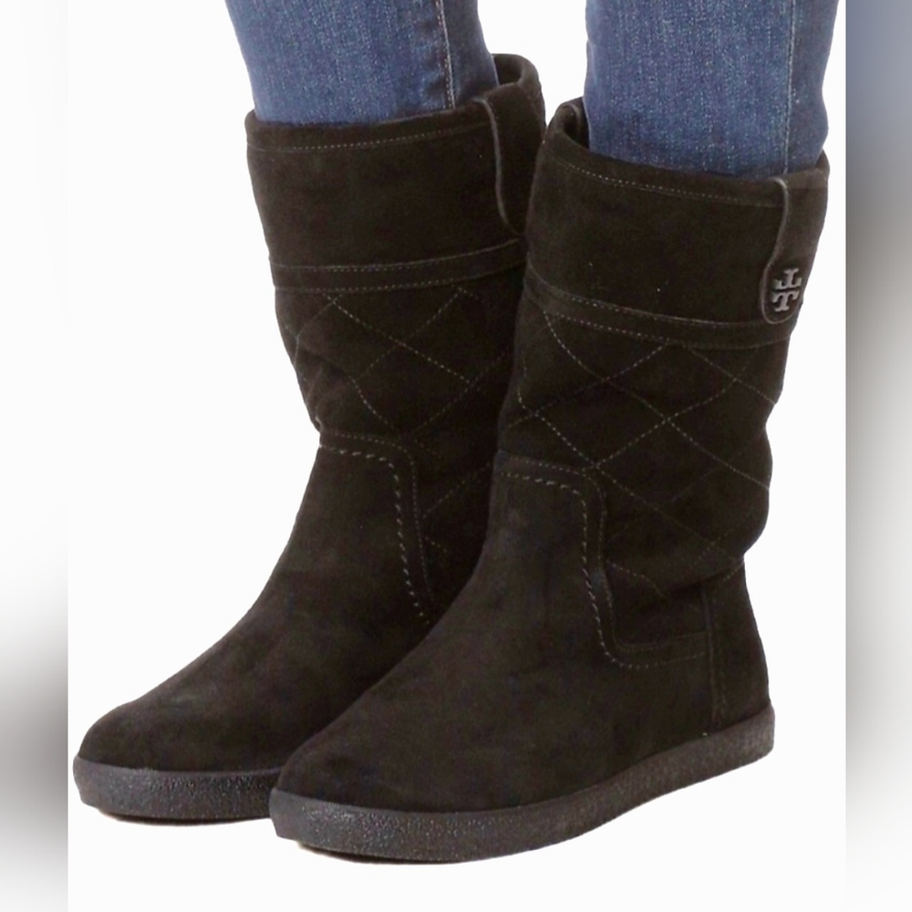 $325 Tory Burch Alana Genuine Suede Shearling Boots Split Pull On Black US6 - Picture 5 of 16